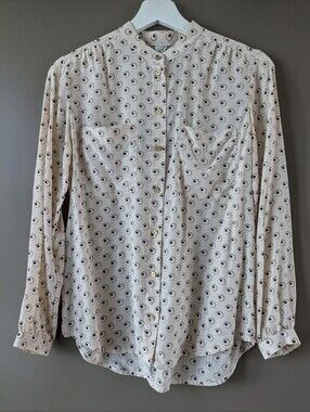 Club Monaco Silk Cream Button-Down Shirt with Circular Eye Print